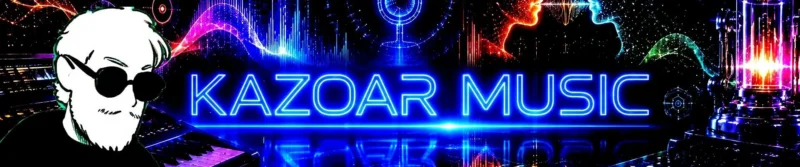 Bandeau du site Kazoar Music. On y voit le profil de l'auteur et des symboles des voix et des voies de l'IA.