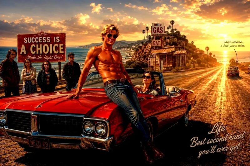 Une illustration très "road movie" pour "Le beau gosse et l'auto".
